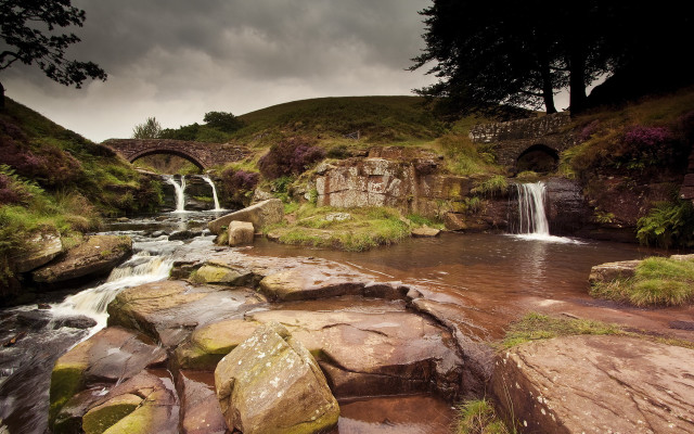 Small waterfall rocky stream bridge #2 free wallpaper for desktop - medium preview image