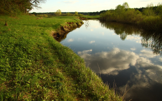 River grassy bank cloudy sky free wallpaper for desktop - medium preview image