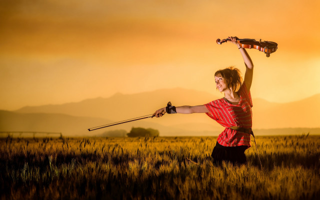 Woman violin field sunset mountains free wallpaper for desktop - medium preview image