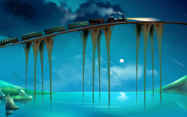 Train bridge night moon stars free wallpaper for desktop - medium preview image