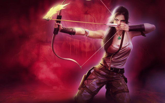 Woman bow arrow red background free wallpaper for desktop - medium preview image