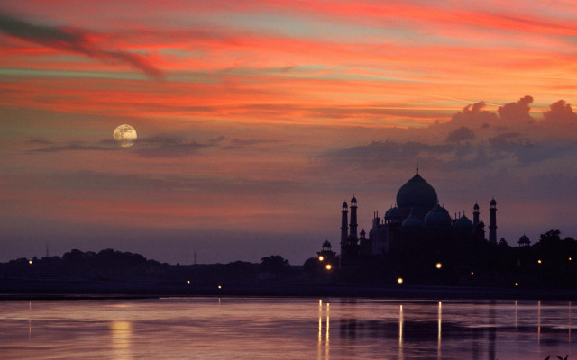 Sunset building moon water mystical free wallpaper for desktop - medium preview image