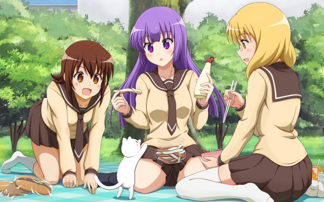 Anime girls blanket cat sitting free wallpaper for desktop - medium preview image