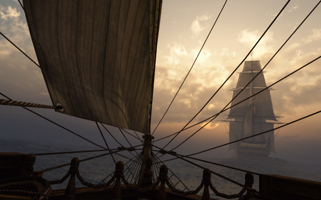 Sailboat foggywaters tallship cinematicmatte painting free wallpaper for desktop - medium preview image