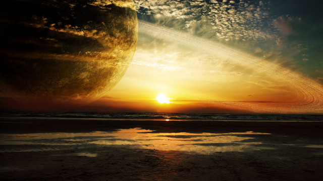 Sunset planet moon plane ocean free wallpaper for desktop - medium preview image