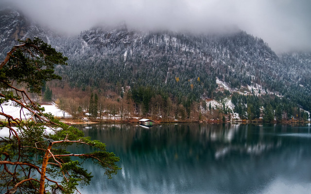 Snowy mountain lake boat trees free wallpaper for desktop - medium preview image