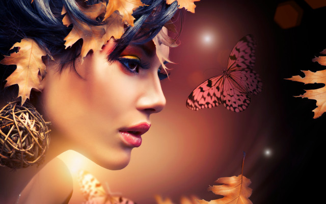 Woman butterfly head nose leaves free wallpaper for desktop - medium preview image