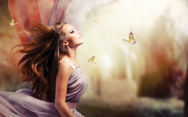 Woman flying butterflies long hair free wallpaper for desktop - medium preview image