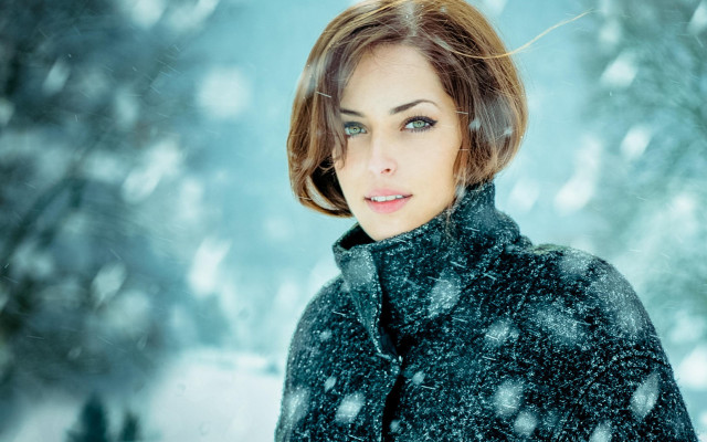 Woman black coat snow trees free wallpaper for desktop - medium preview image