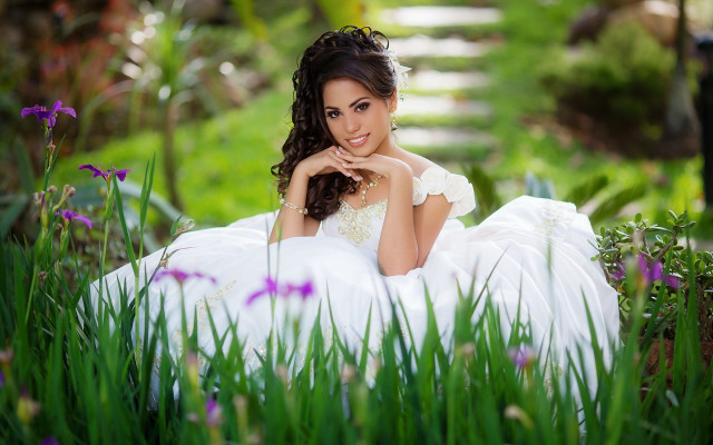 Woman white dress flower field #9 free wallpaper for desktop - medium preview image