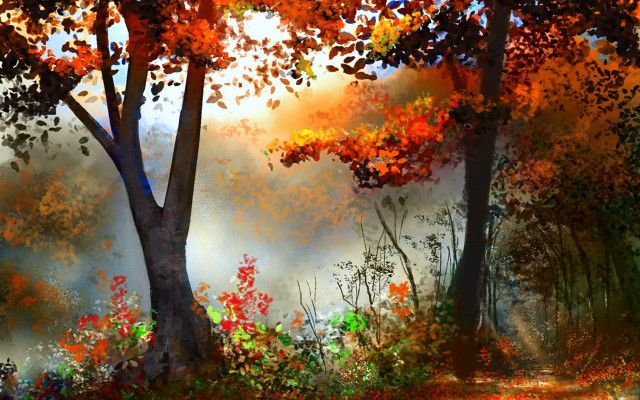 Forest sunset autumn leaves flame free wallpaper for desktop - medium preview image