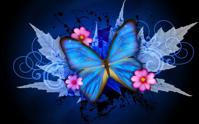 Blue butterfly pink flowers gothic free wallpaper for desktop - medium preview image