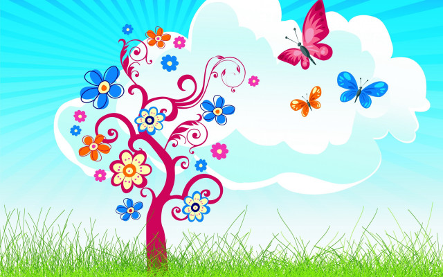 Tree flowers butterflies field sky free wallpaper for desktop - medium preview image