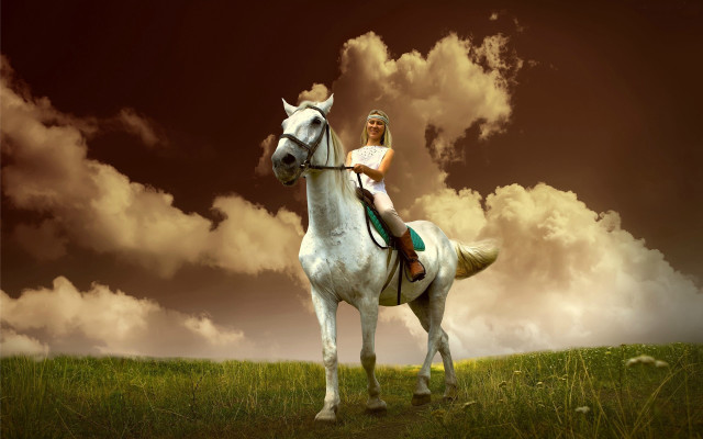 Woman horse field cloudy sunset free wallpaper for desktop - medium preview image