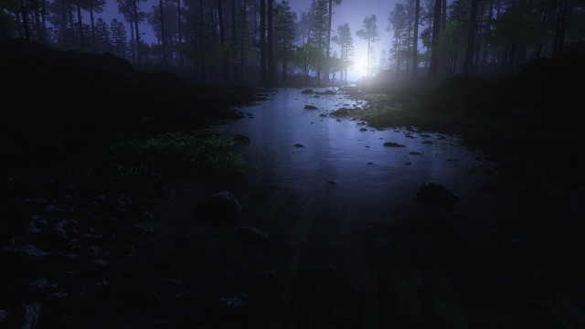 Dark forest stream night light free wallpaper for desktop - medium preview image