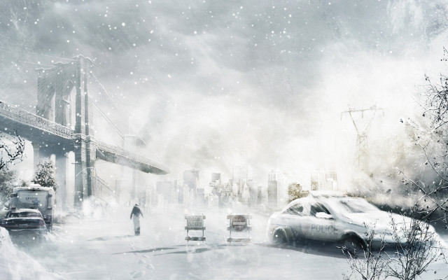 Man walking snow bridge cityscape free wallpaper for desktop - medium preview image