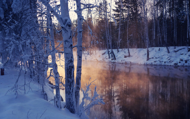 Snowy lake forest sunset brook free wallpaper for desktop - medium preview image