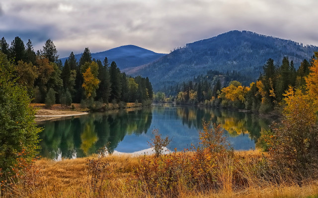 Lake mountains trees autumn clouds free wallpaper for desktop - medium preview image