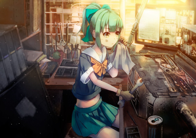 Girl blue dress sitting desk free wallpaper for desktop - medium preview image