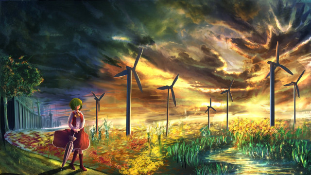 Woman windmill field wind turbines free wallpaper for desktop - medium preview image