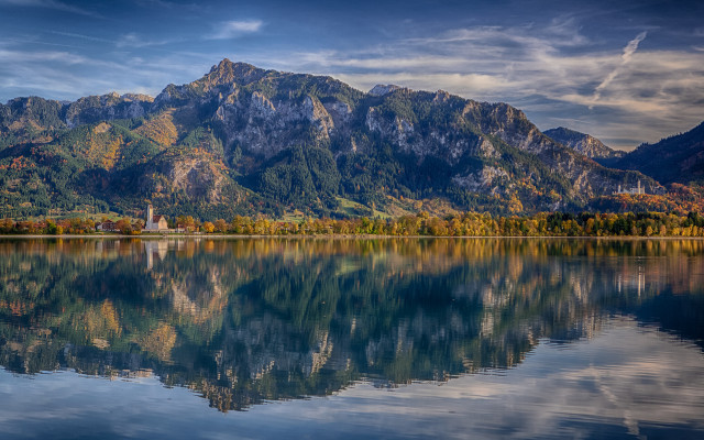 Mountain lake reflection church city free wallpaper for desktop - medium preview image