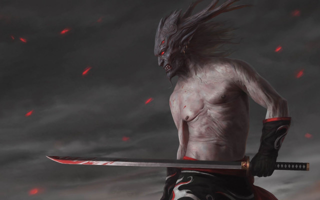 Dark demon faced swordman blood free wallpaper for desktop - medium preview image