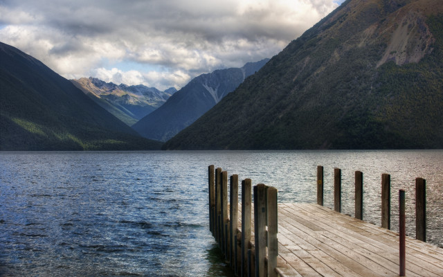 Wooden dock lake mountains clouds free wallpaper for desktop - medium preview image