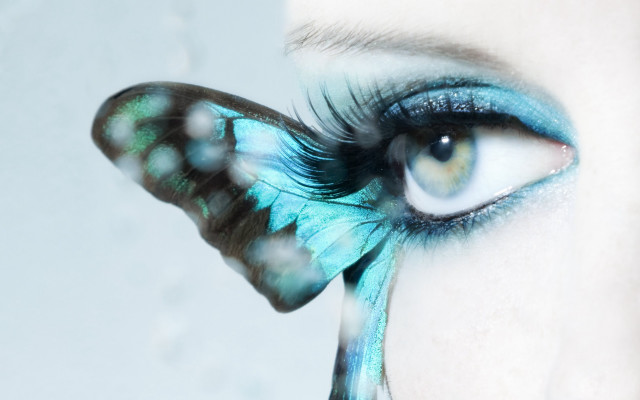 Woman blue green makeup butterfly free wallpaper for desktop - medium preview image