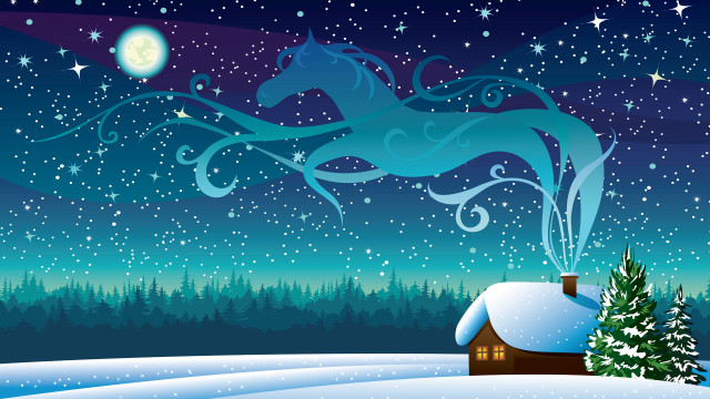 Horse snow house tree moon free wallpaper for desktop - medium preview image