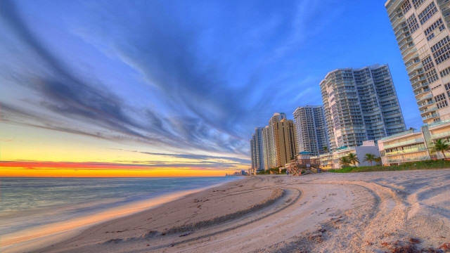 Beach sunset clouds cityscape bridge free wallpaper for desktop - medium preview image