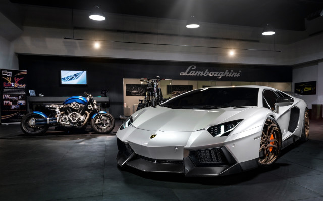 White sports car showroom motorcycle free wallpaper for desktop - medium preview image