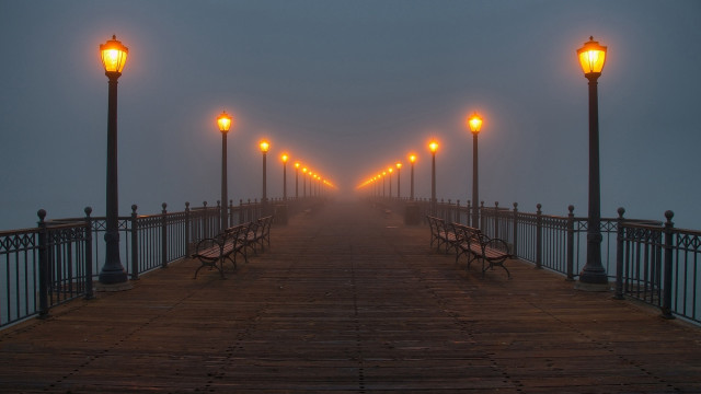 Pier benches foggy evening lights free wallpaper for desktop - medium preview image