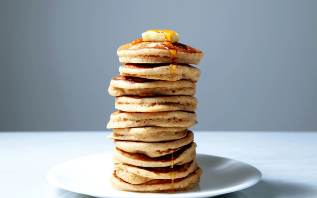 Pancakes syrup orange slices plate free wallpaper for desktop - medium preview image