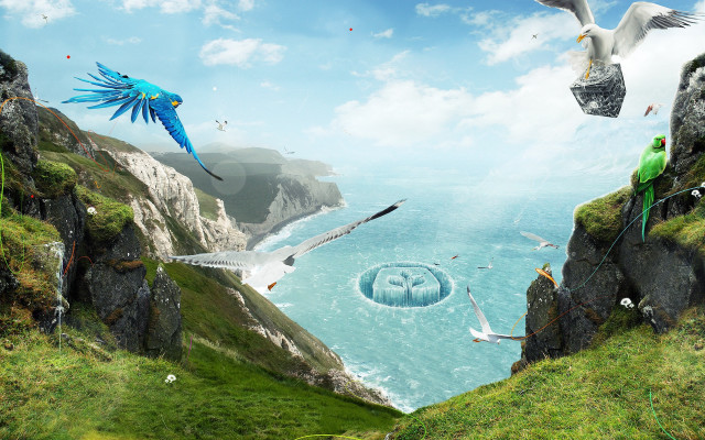 Birds cliff water fantasy matte free wallpaper for desktop - medium preview image