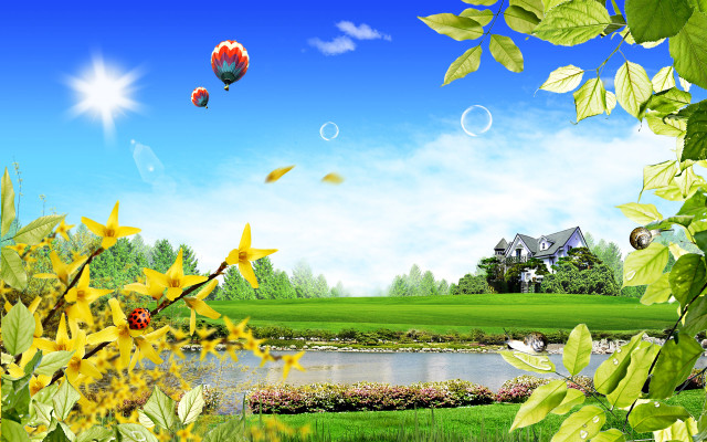 House pond hotairballoon scenery nature free wallpaper for desktop - medium preview image