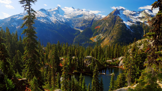 Mountain lake forest sky waterfall #4 free wallpaper for desktop - medium preview image