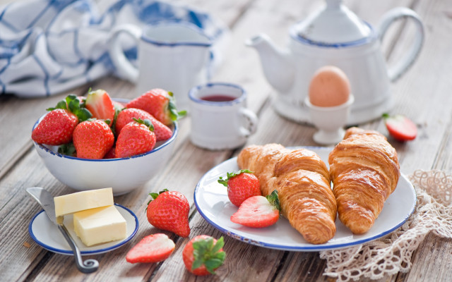 Plate strawberries croissants tea cheese free wallpaper for desktop - medium preview image