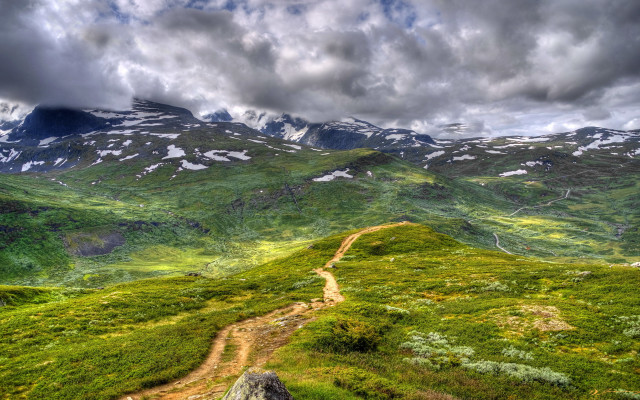 Dirt road green valley cloudy free wallpaper for desktop - medium preview image
