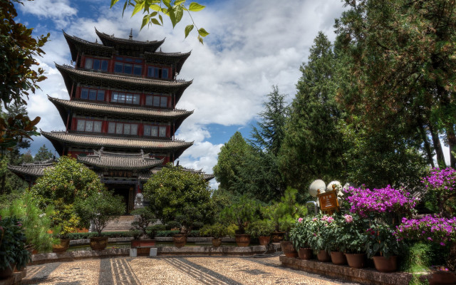 Pagoda garden potted plants flower free wallpaper for desktop - medium preview image