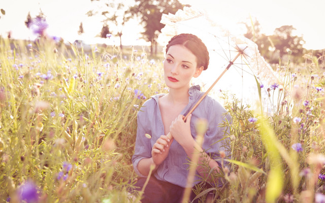 Woman flower field umbrella smile free wallpaper for desktop - medium preview image