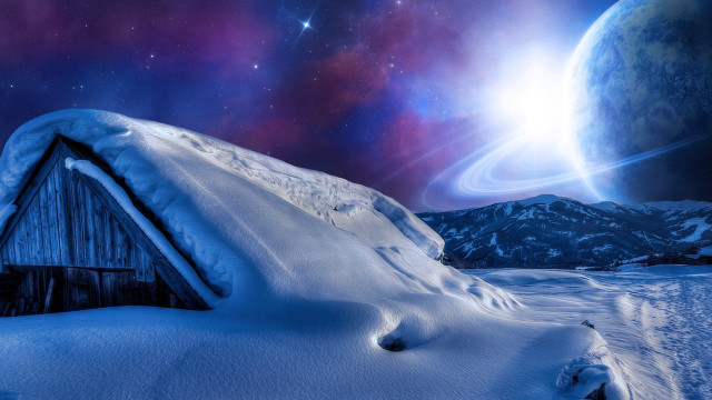Snow house planet star night free wallpaper for desktop - medium preview image