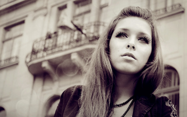 Woman longhair building clock necklace free wallpaper for desktop - medium preview image