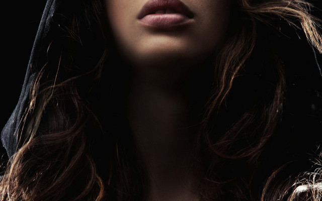 Woman hoodie portrait blackbackground realistic free wallpaper for desktop - medium preview image