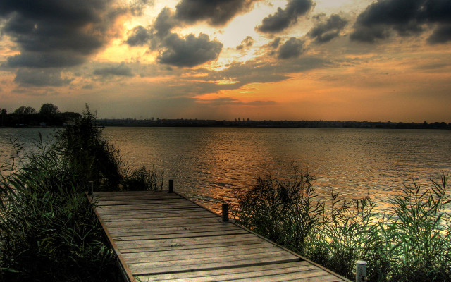 Wooden dock lake sunset cloudy #2 free wallpaper for desktop - medium preview image