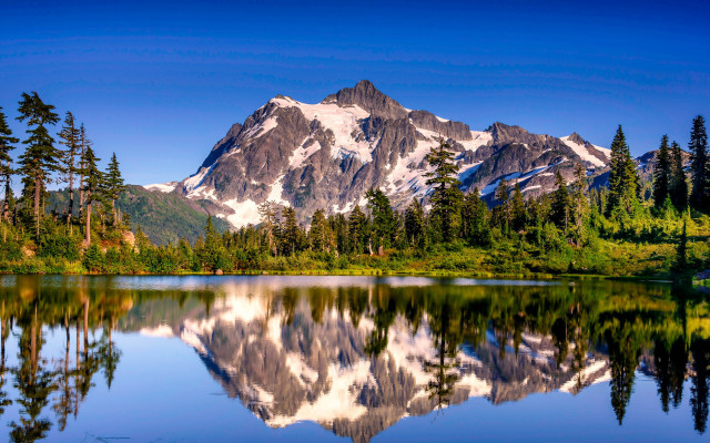 Mountain lake reflection forest sky free wallpaper for desktop - medium preview image