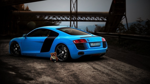 Blue sports car bridge person free wallpaper for desktop - medium preview image