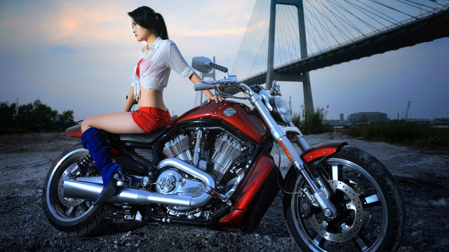 Woman motorcycle bridge sky mountain free wallpaper for desktop - medium preview image