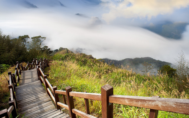 Wooden walkway lush green hillside free wallpaper for desktop - medium preview image