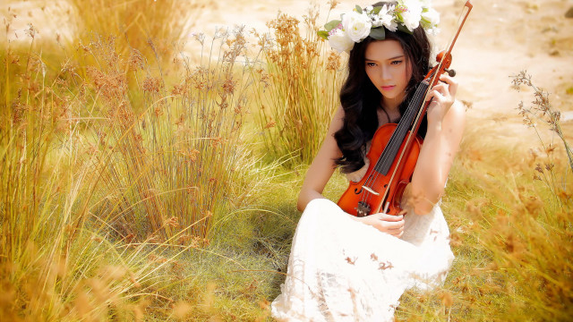 Woman violin flower crown autumn free wallpaper for desktop - medium preview image