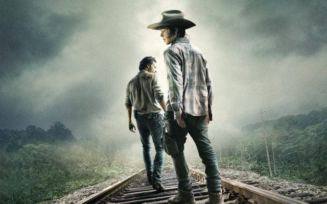 Train track two men cowboy free wallpaper for desktop - medium preview image